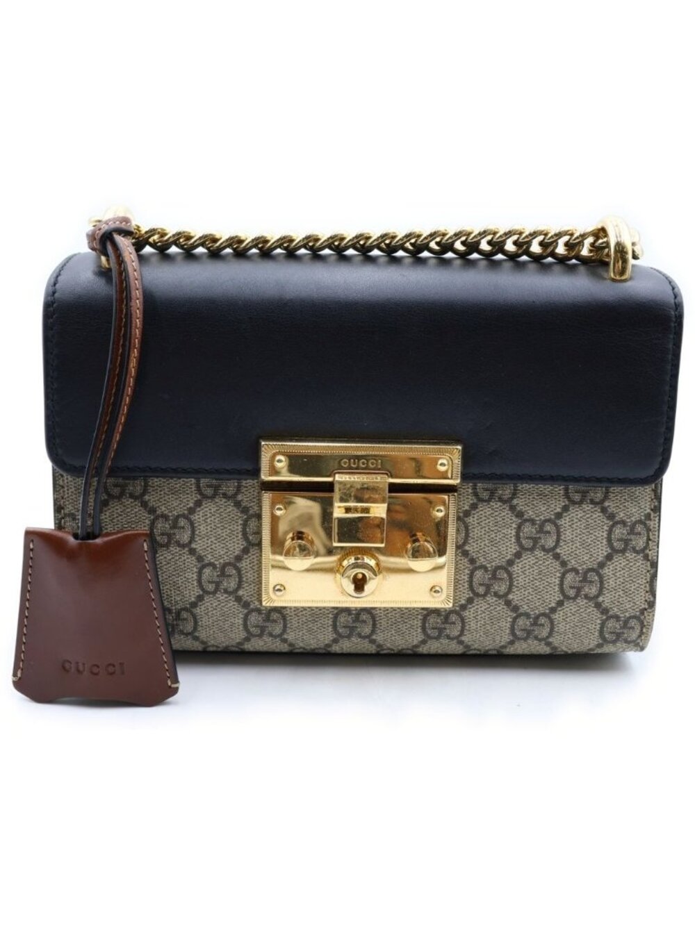 Gucci GG Supreme Padlock Chain Shoulder Bag Black Beige Leather Gold